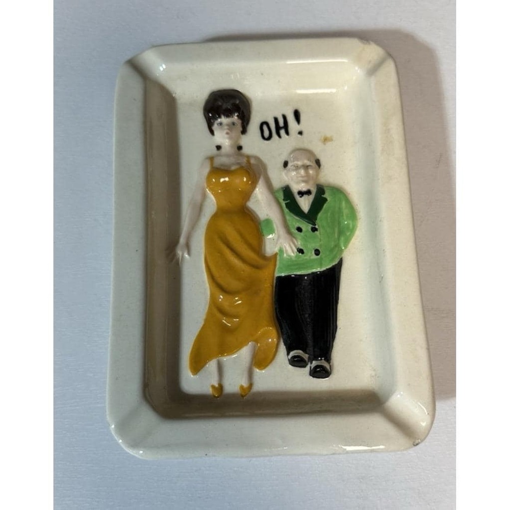 1950s Naughty Risqué OH! AH! Man Goosing Lady Hand Painted Ceramic Comic Ashtray